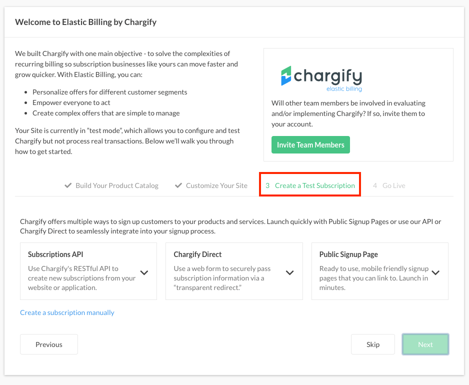 The Create a Test Subscription section of the Setup Guide