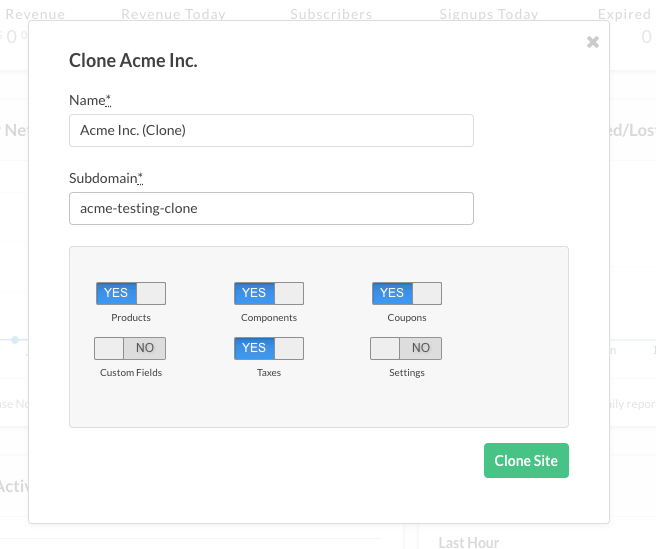 Clone site dialog with name and subdomain pre-filled, and toggles for products, components, coupons, custom fields, taxes and settings