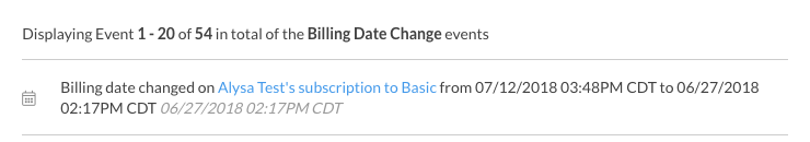 A billing date change event showing the old and new dates
