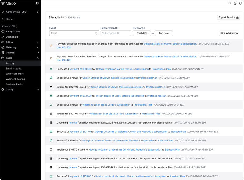 Site Activity page with Hide Attribution showing and two payment collection method changes, each listing User #128429 as the linked actor