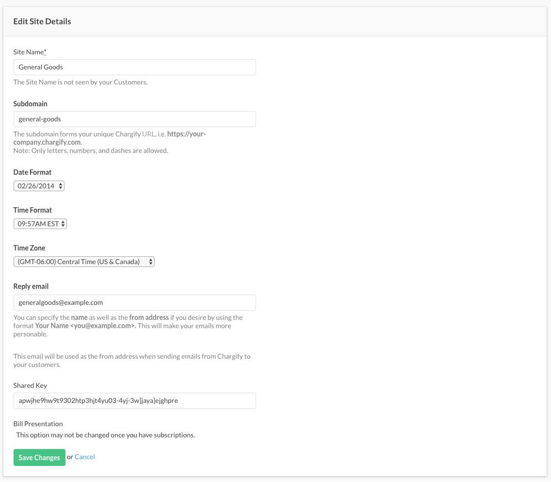 Edit Site Details form with site name, subdomain, date and time formats, time zone, reply email, shared key and bill presentation