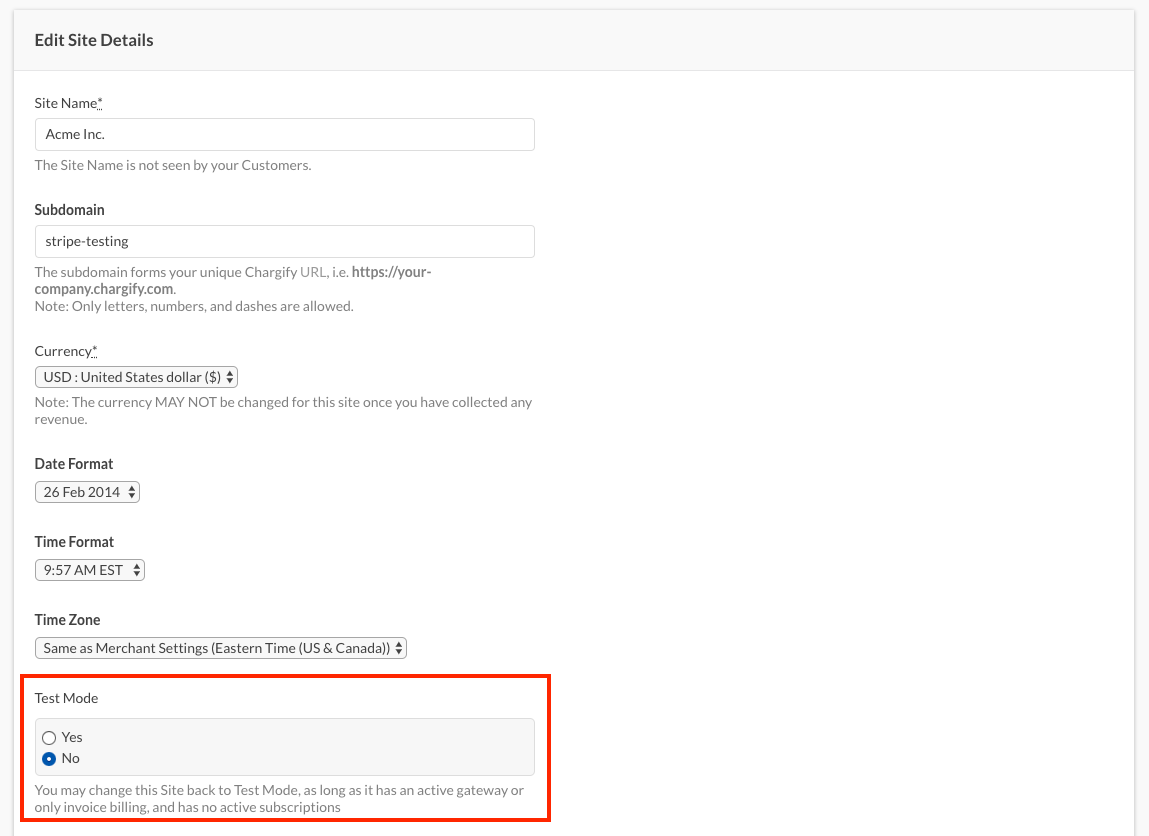 Edit Site Details scrolled to the Test Mode radios, noting a site can return to test mode only with no active gateway or live subscriptions