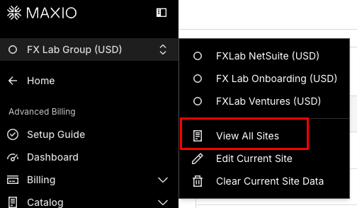the Advanced Billing site switcher, with View All Sites outlined above Edit Current Site