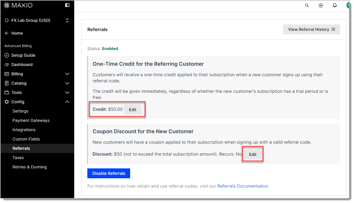 Referral settings overview showing the credit and discount, each with an Edit button