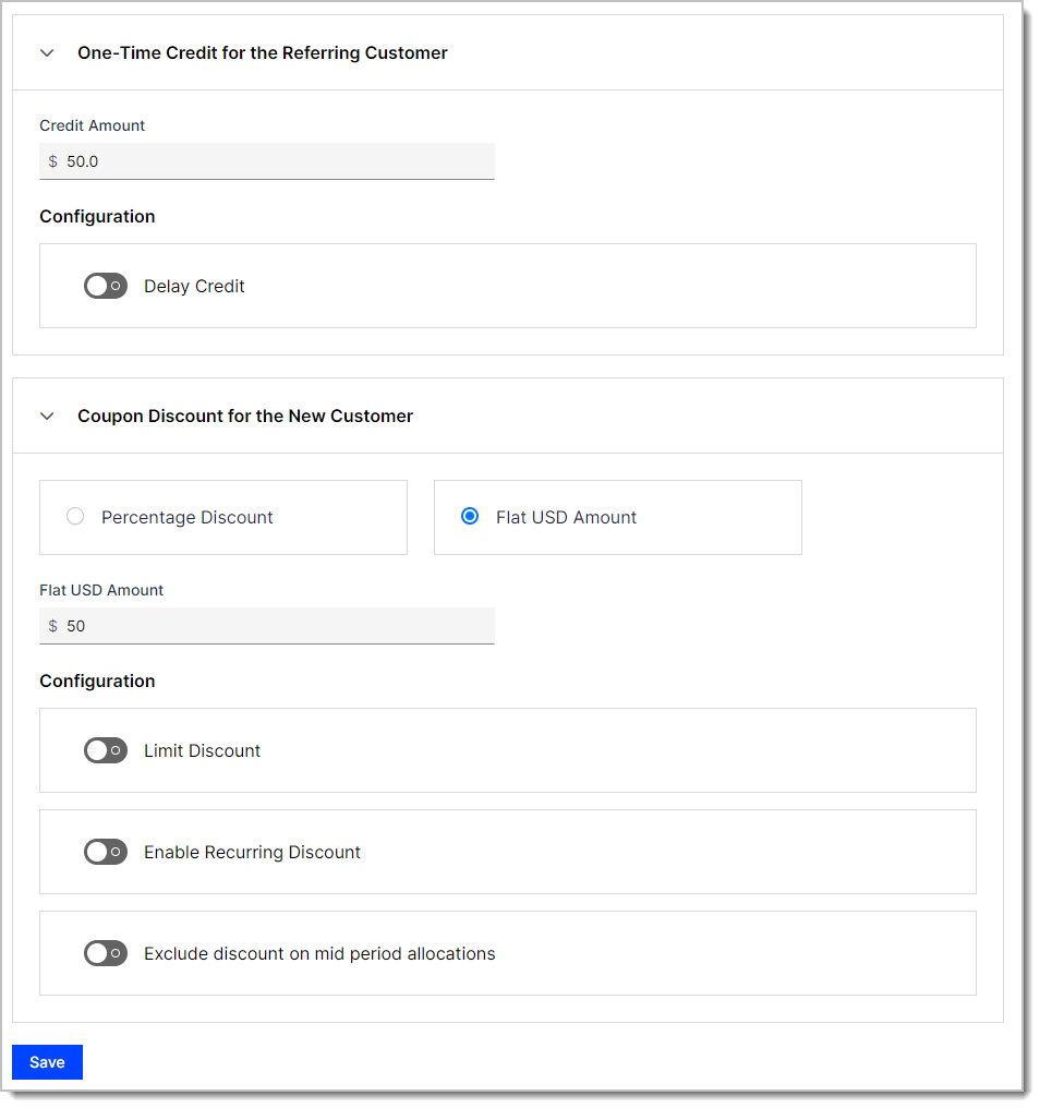 Referral settings screen with the credit, discount, and configuration toggles
