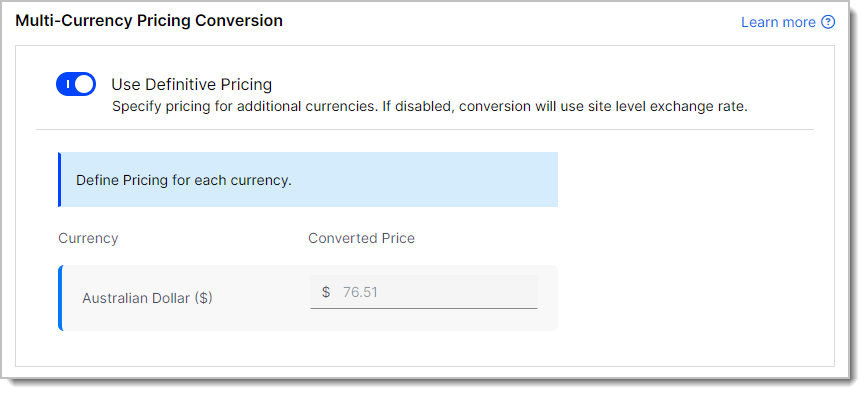 Use Definitive Pricing enabled, with an editable converted price per currency