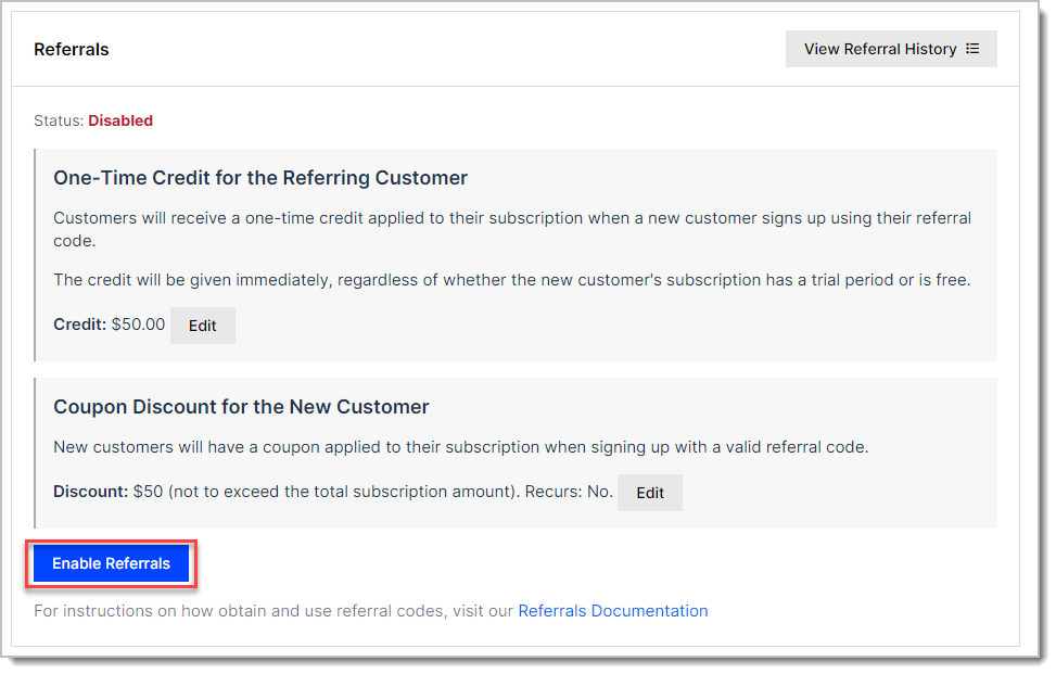 The Referrals screen with Status set to Disabled and the Enable Referrals button
