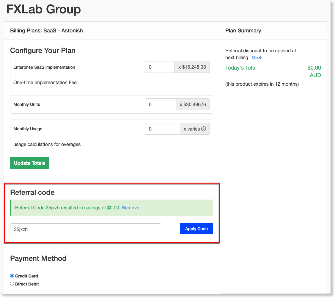 A Public Signup Page with a validated referral code and the discount shown in the plan summary