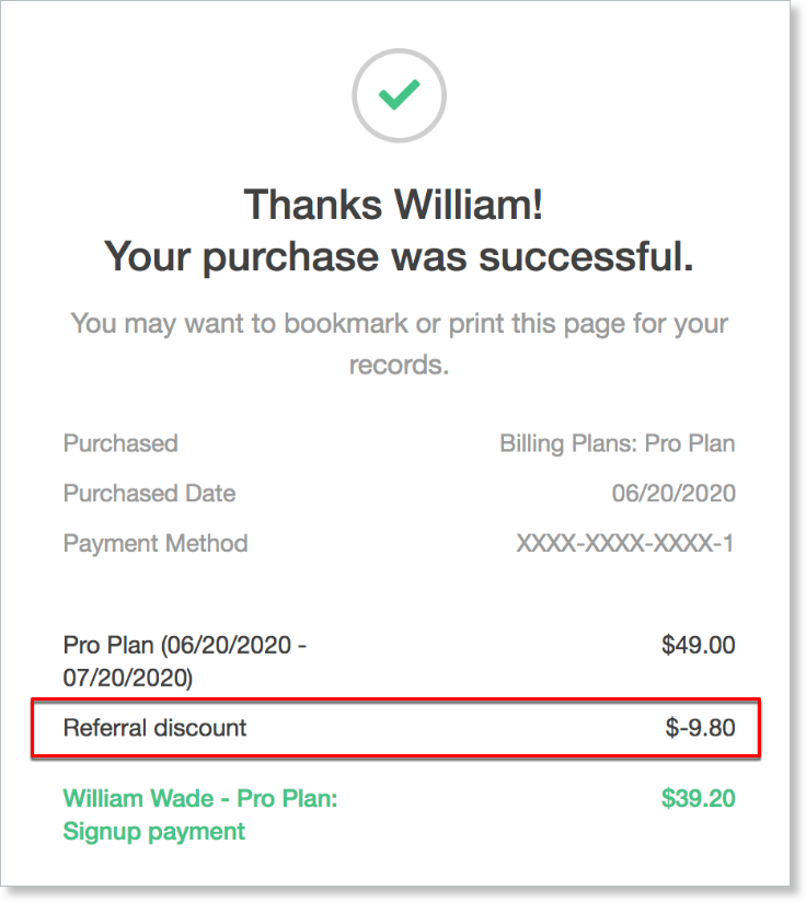 A confirmation page showing a Referral discount line item