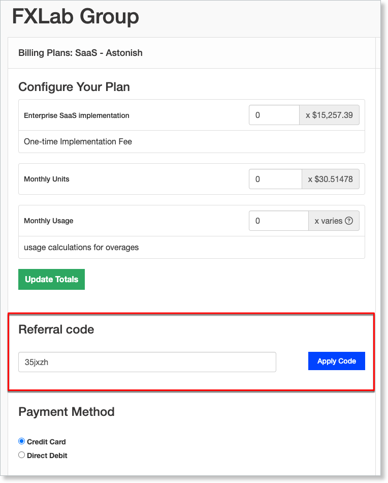 A Public Signup Page with an empty Referral code field and an Apply Code button