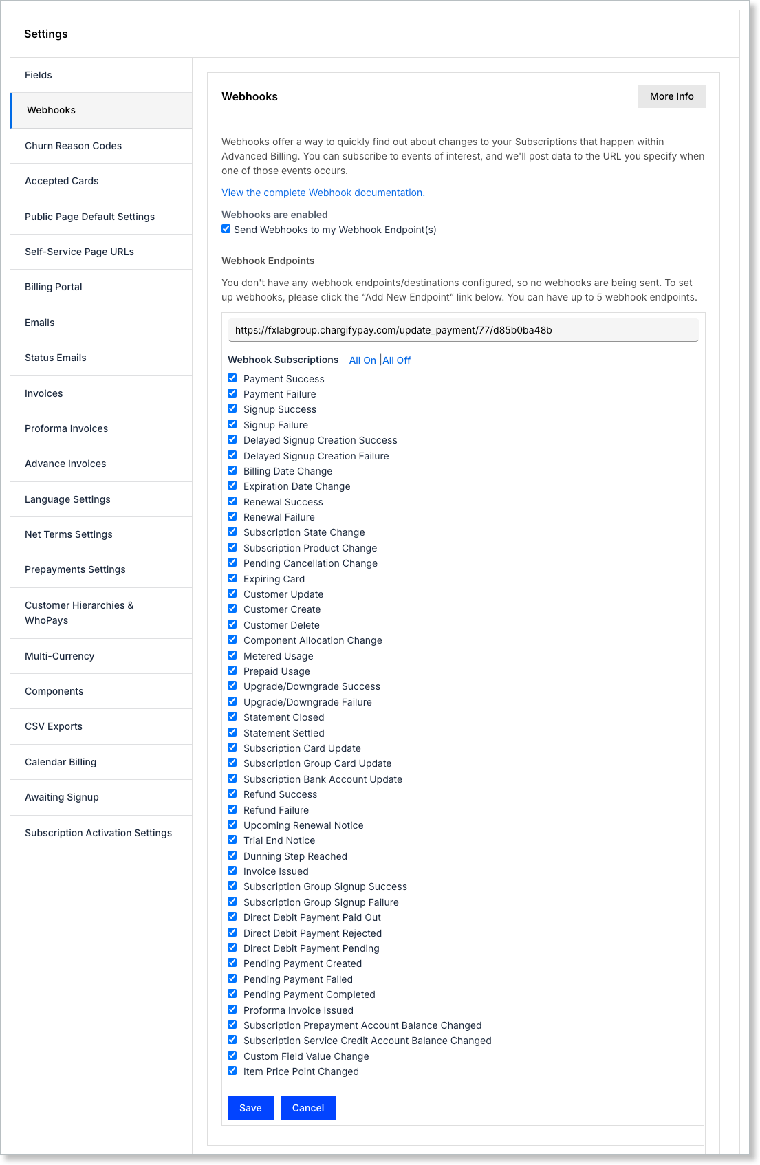 Webhook endpoint form with the full subscription checklist of roughly forty-five event types, all selected