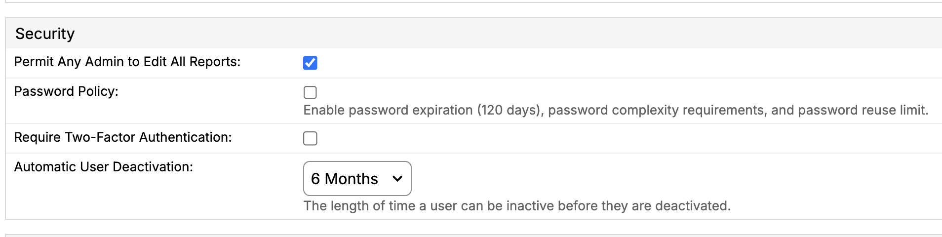 Security settings with password policy, two-factor requirement and automatic user deactivation options