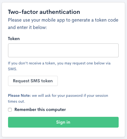 Two-factor prompt with a token field, a request-SMS button and a remember-this-computer option