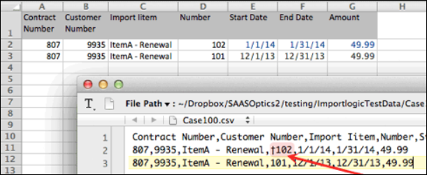 Spreadsheet import rows beside their raw CSV text, annotated where a value differs between the two views