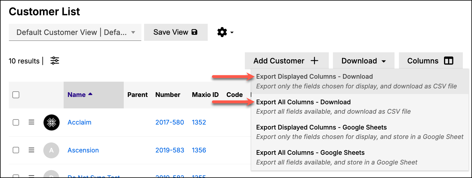 Customer List with the Download menu open, offering displayed or all columns as either a CSV download or a Google Sheet
