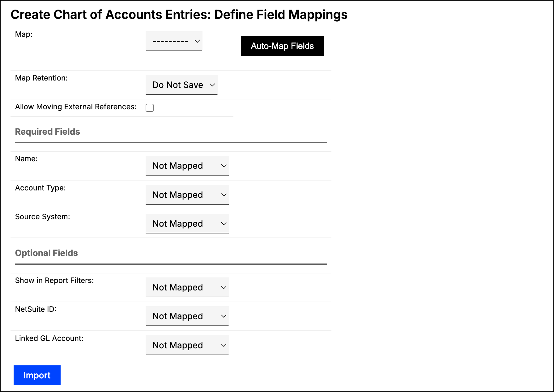 Define Field Mappings screen with an auto-map control, map retention setting, and each required field mapped to a column