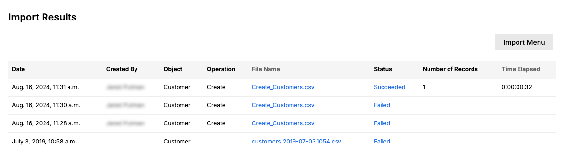 Import history listing past imports with object, operation, file name, record count and both succeeded and failed statuses