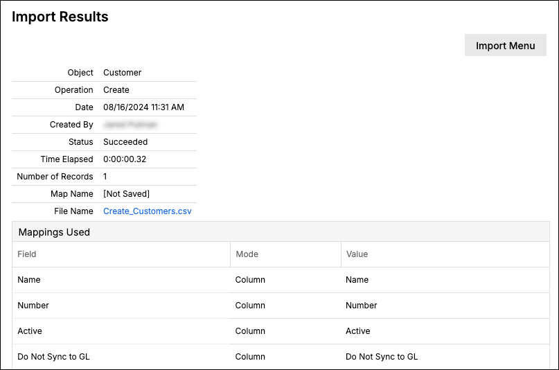 Expanded import result showing the mappings used, with each field's mode and value