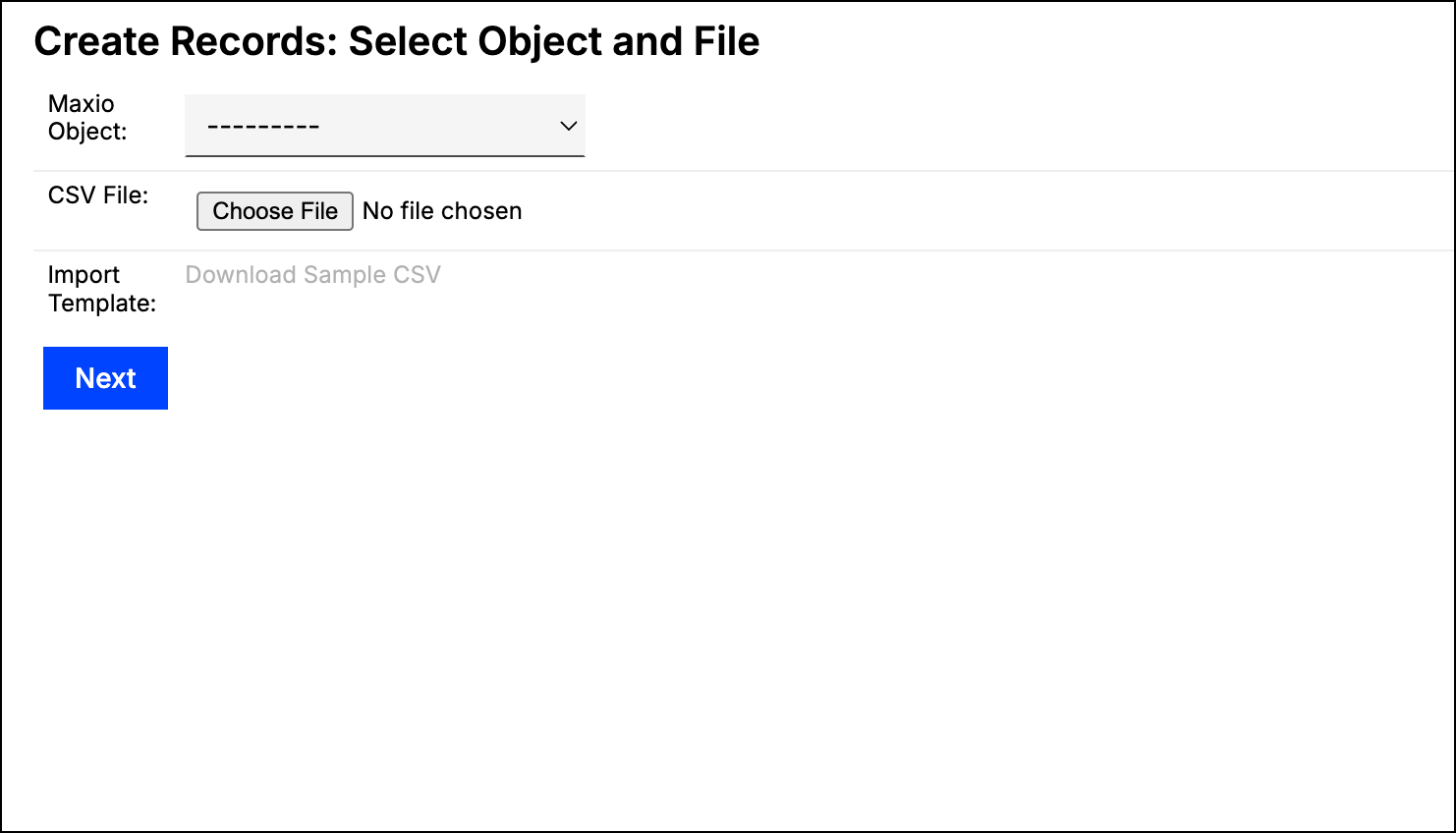Create Records screen with an object selector, a CSV file chooser and a link to download a sample CSV