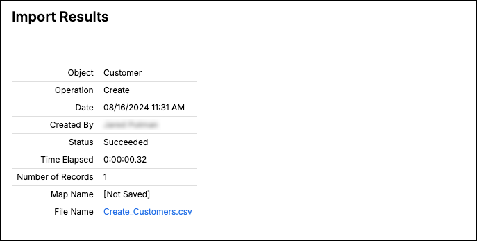 Import results panel showing object, operation, date, status, elapsed time and record count