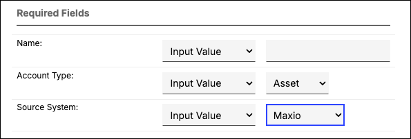 Required fields section with each field offering an input-value mode, and the source system list open