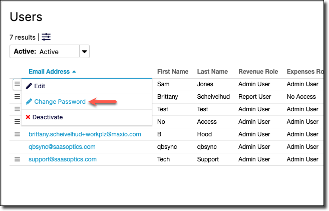 Users list with a row menu open on Edit, Change Password and Deactivate