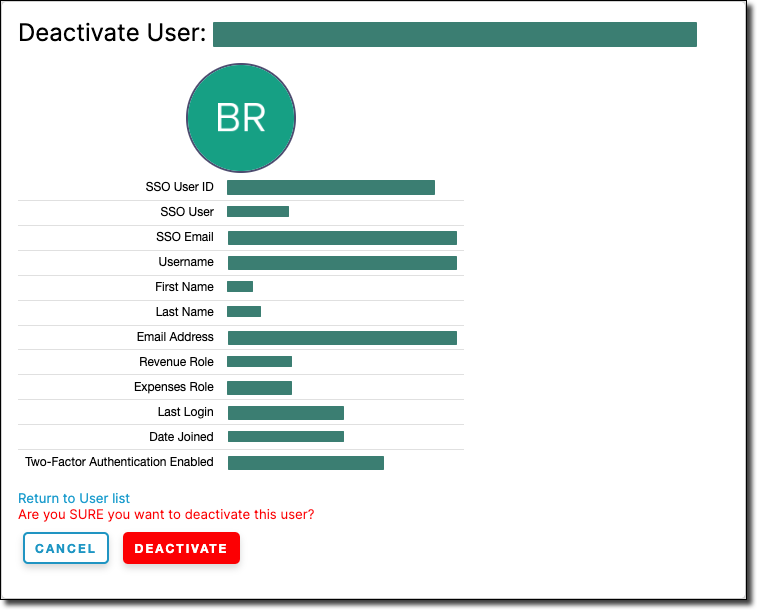 Deactivate User confirmation showing the user's details and asking for confirmation before deactivating