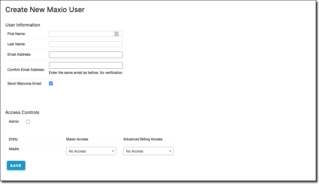 Create New Maxio User dialog with name and email fields, an email confirmation field, and a send-welcome-email option