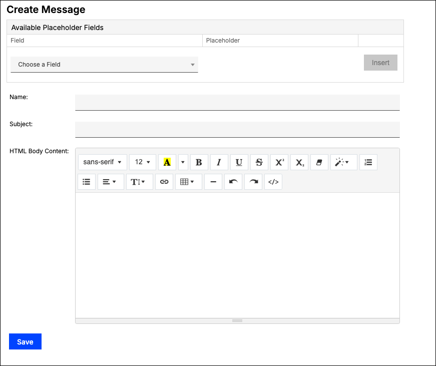 Create Message dialog with a placeholder-field picker above name and subject fields