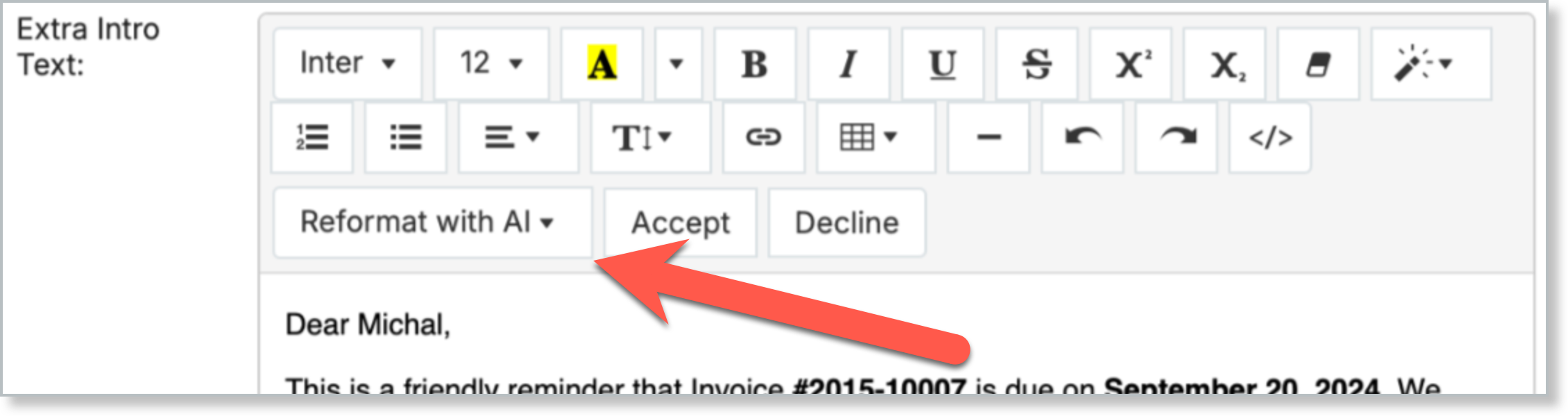Extra intro text editor with a Reformat with AI control arrowed, beside accept and decline options