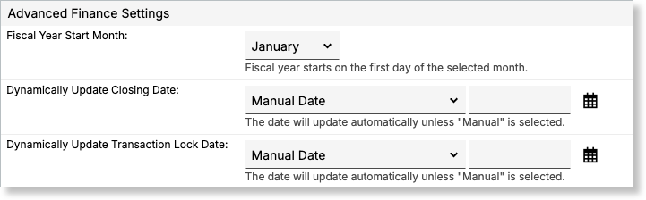 Advanced Finance Settings with the fiscal year start month and options to dynamically update the closing and lock dates