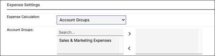 Expense Settings with expense calculation set to account groups and a group selected