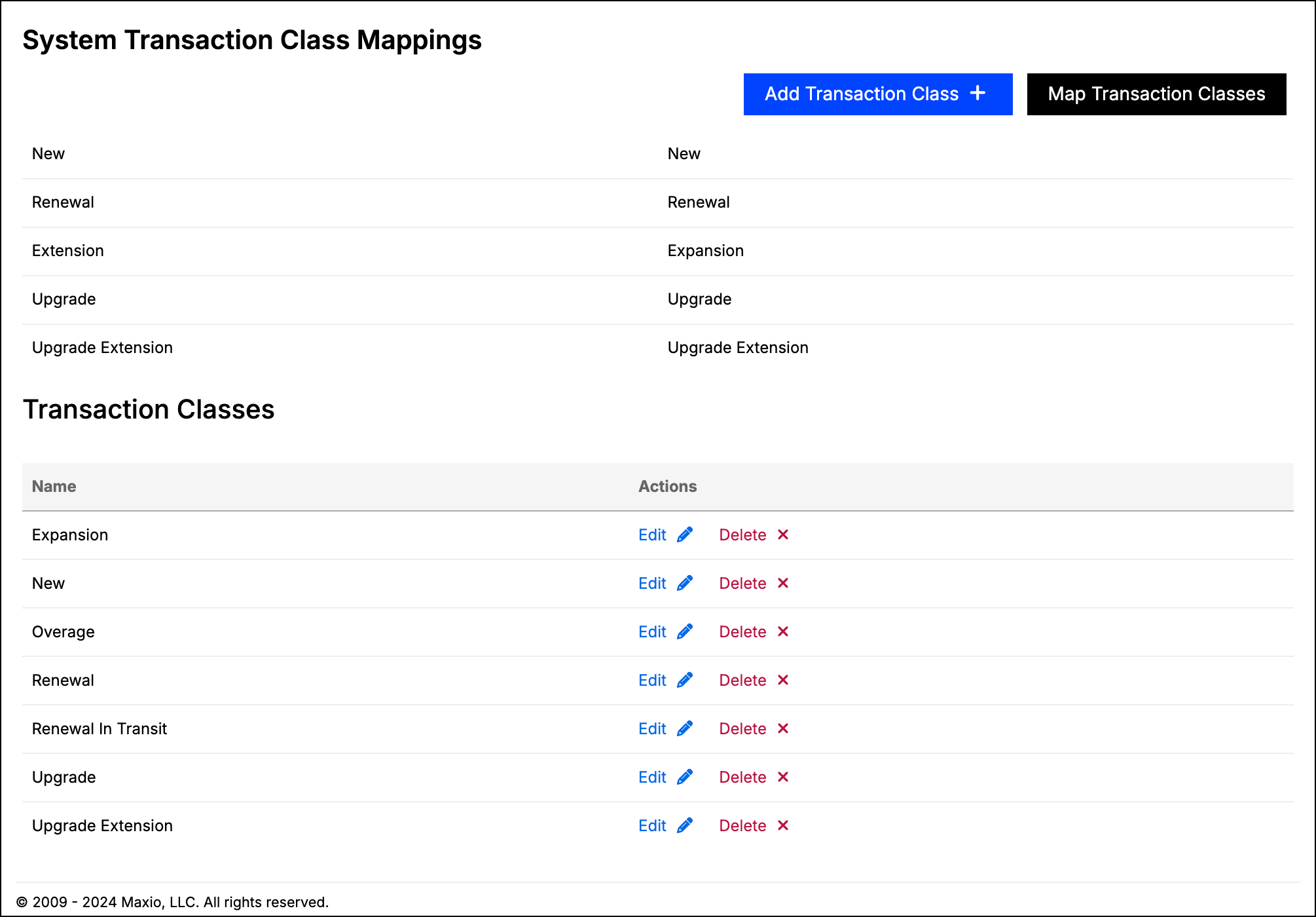 Transaction Classes screen pairing each system class with its mapped class, above the list of user-defined classes