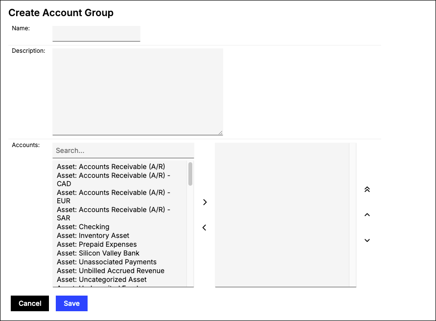 Create Account Group dialog with name and description above a two-pane account picker