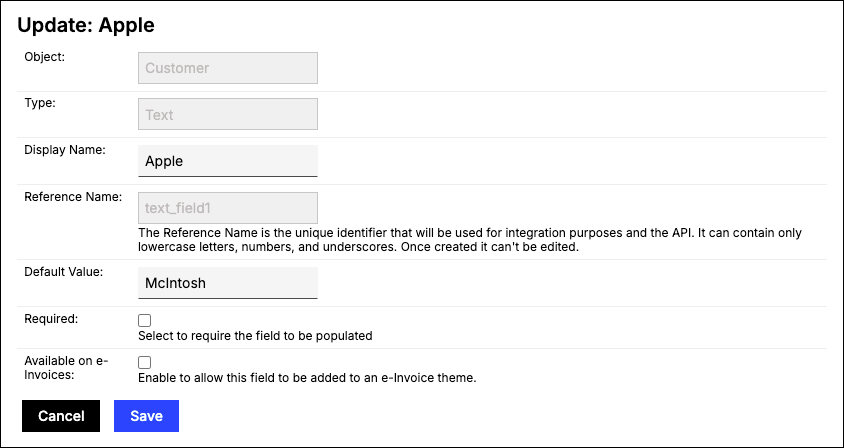 Update dialog for an existing custom field, with object and type greyed out and the remaining fields editable