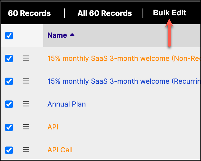 Bulk action bar distinguishing the selected records from all records, with Bulk Edit arrowed