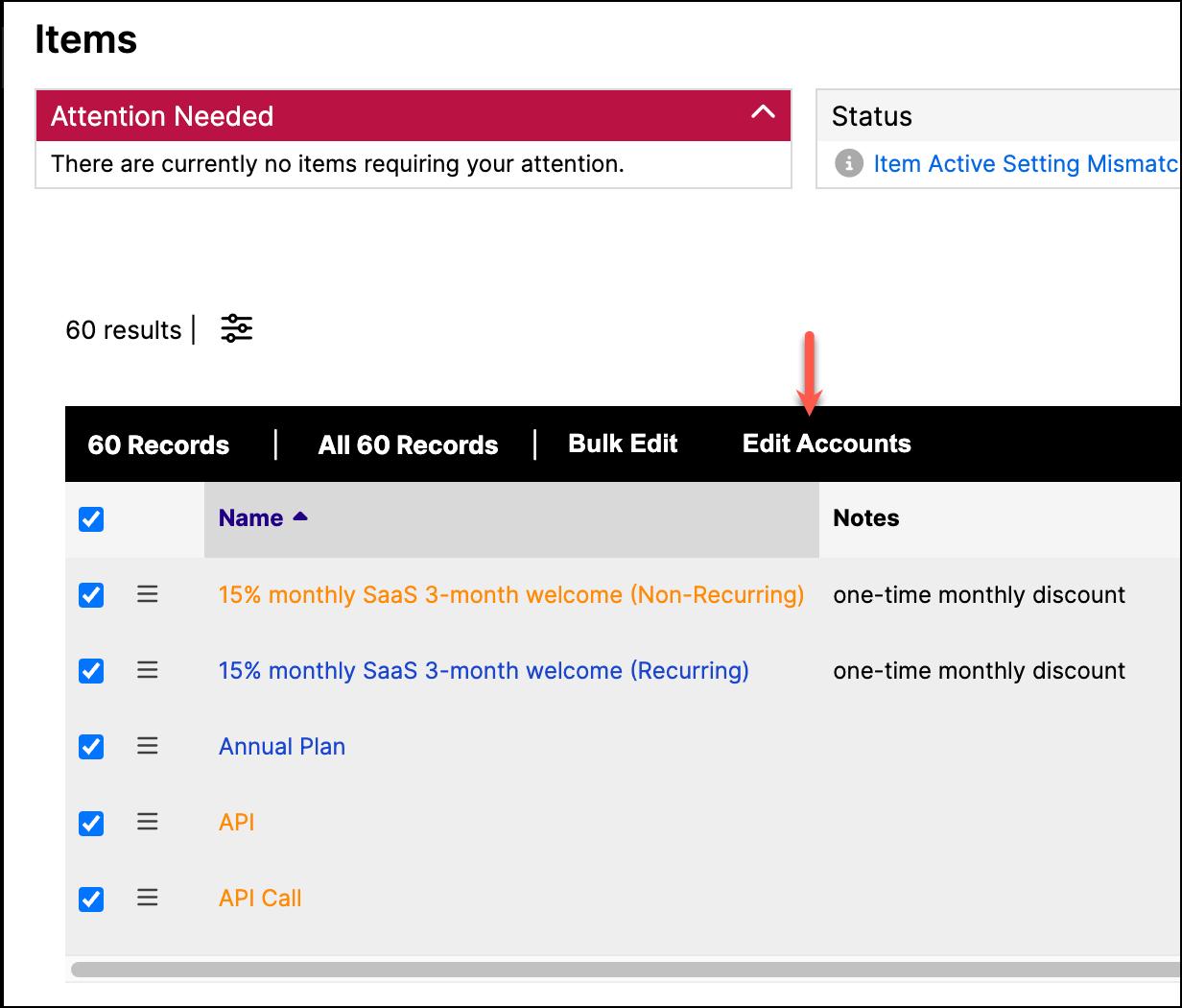 Items list with all rows selected and Edit Accounts highlighted in the bulk bar