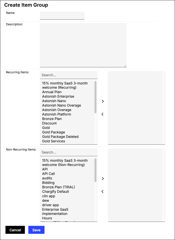 Create Item Group dialog with separate two-pane pickers for recurring and non-recurring items