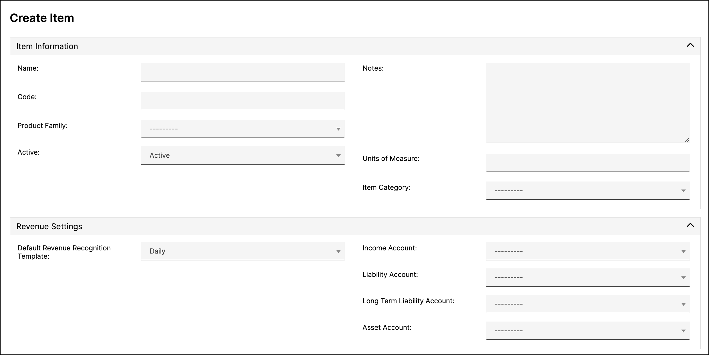 Create Item form with all six collapsible sections visible in order