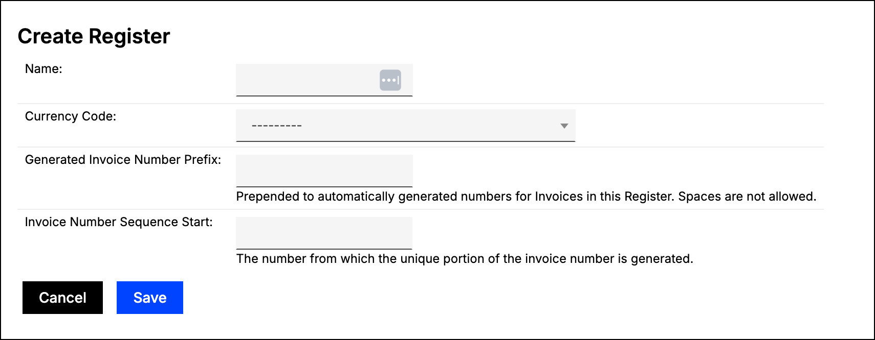 Create Register dialog with name, currency code and an invoice number prefix that cannot contain spaces