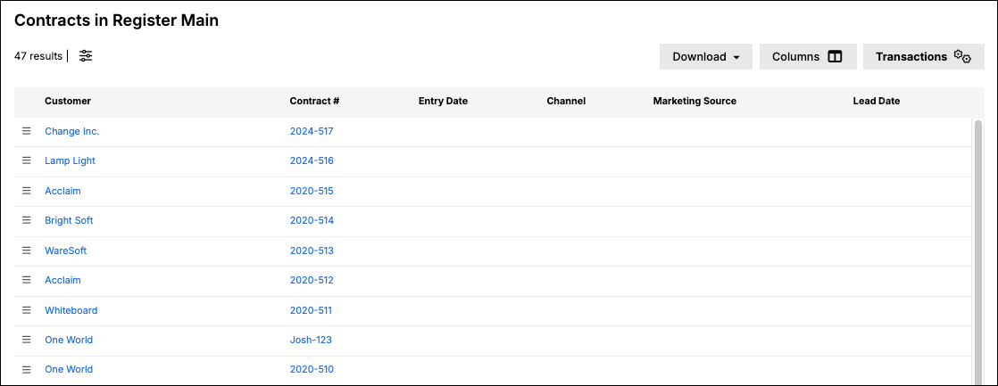 Contracts within a register, with customer, contract number, entry date, channel and marketing source columns