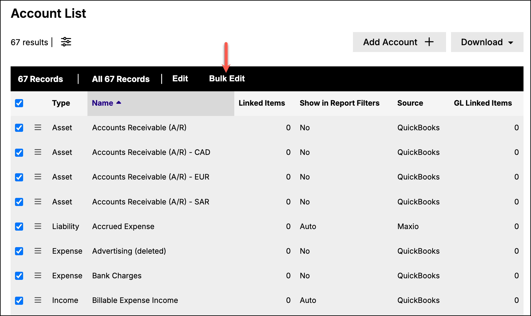 Account list with all rows selected and a bulk bar offering Edit and Bulk Edit