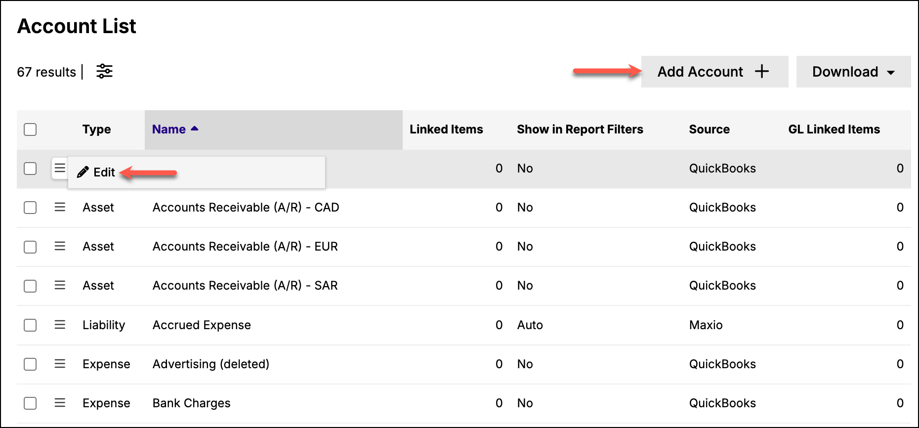 Account list with type, name, linked items, report-filter visibility and source columns, and the Add Account control arrowed