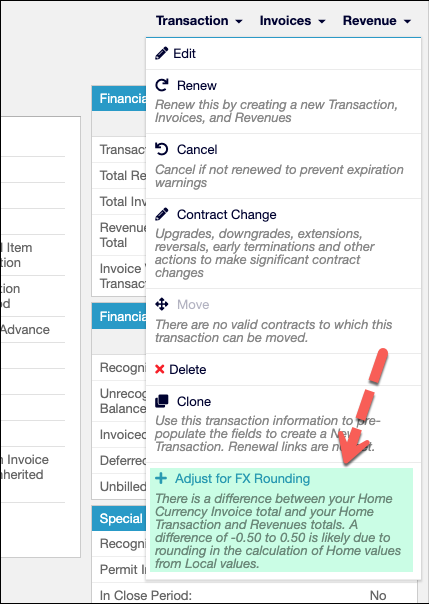 Transaction menu with Adjust for FX Rounding highlighted