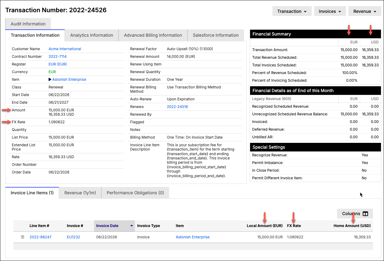 Transaction detail showing Local and Home columns for amount, revenue, and invoices