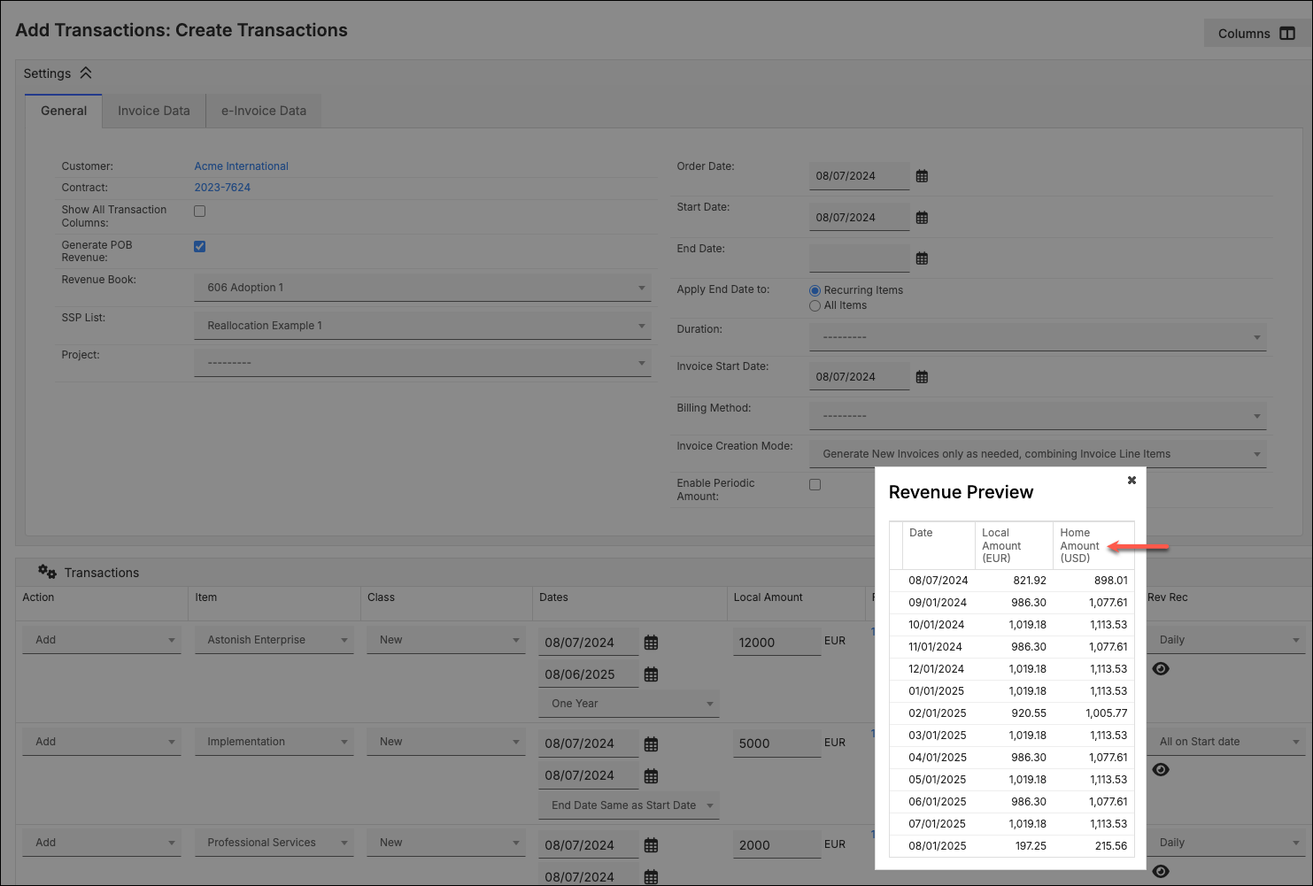 Add Transactions screen with a Revenue Preview showing Local and Home amounts