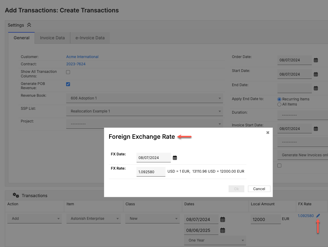 Foreign Exchange Rate dialog with FX Date and FX Rate fields