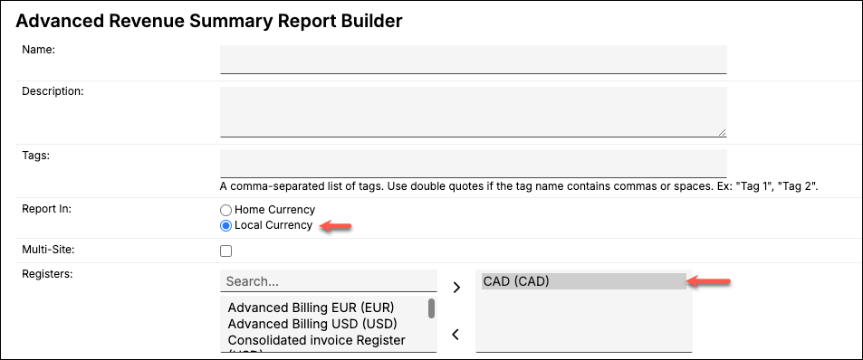 Report builder showing the Report In choice and the register selector