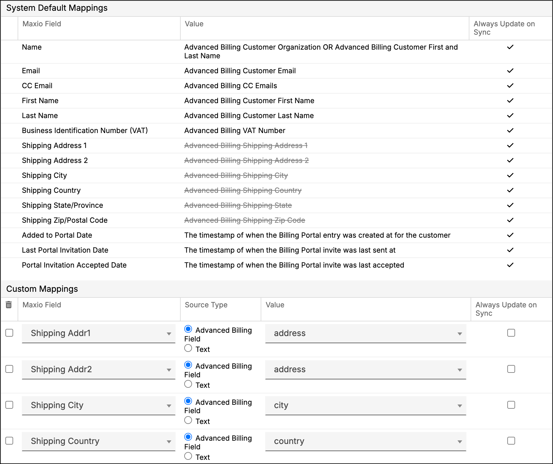 a System Default Mappings table pairing each Maxio field with its value and whether it always updates on sync