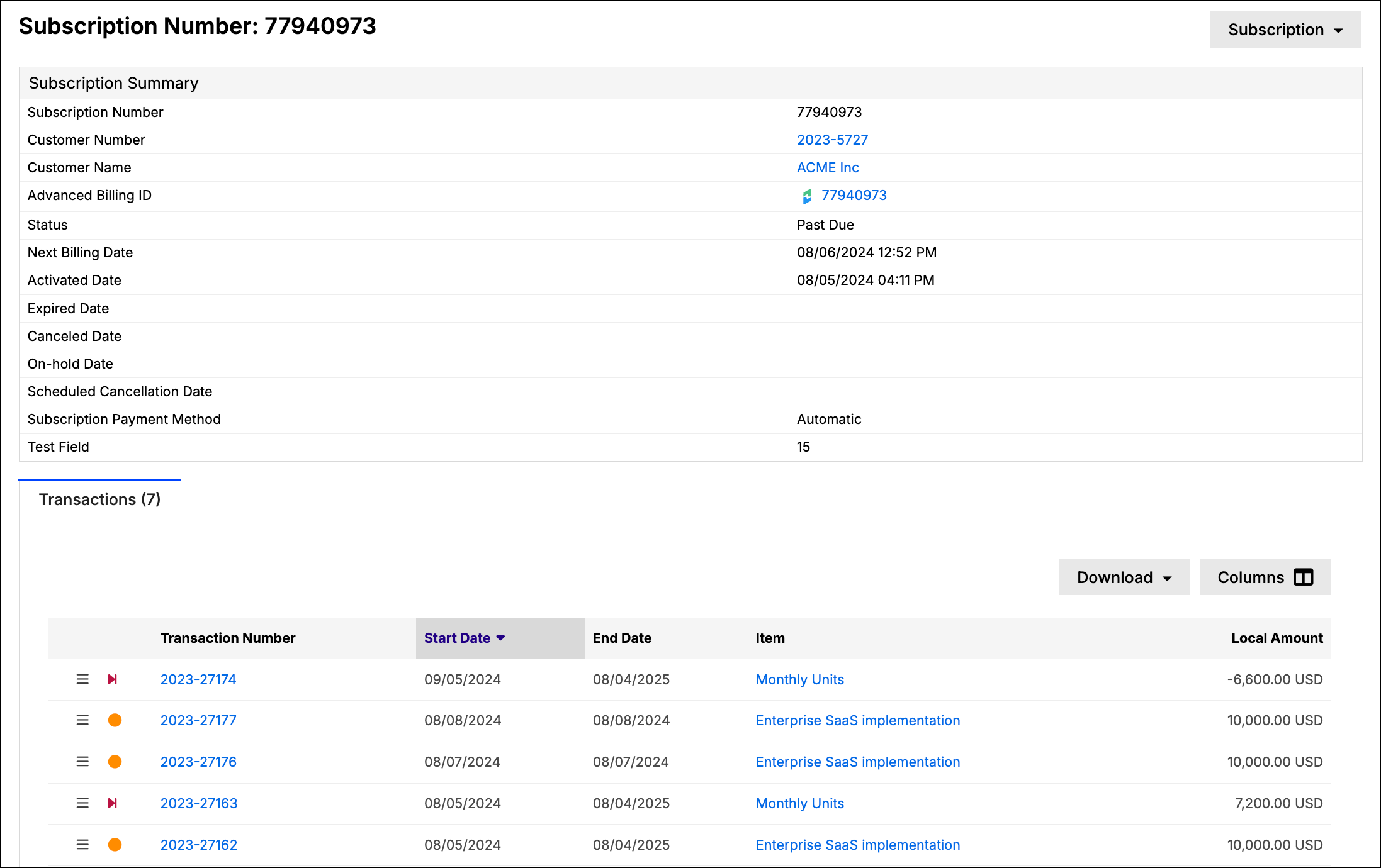 a subscription detail page, its Subscription Summary field list beside the subscription action menu